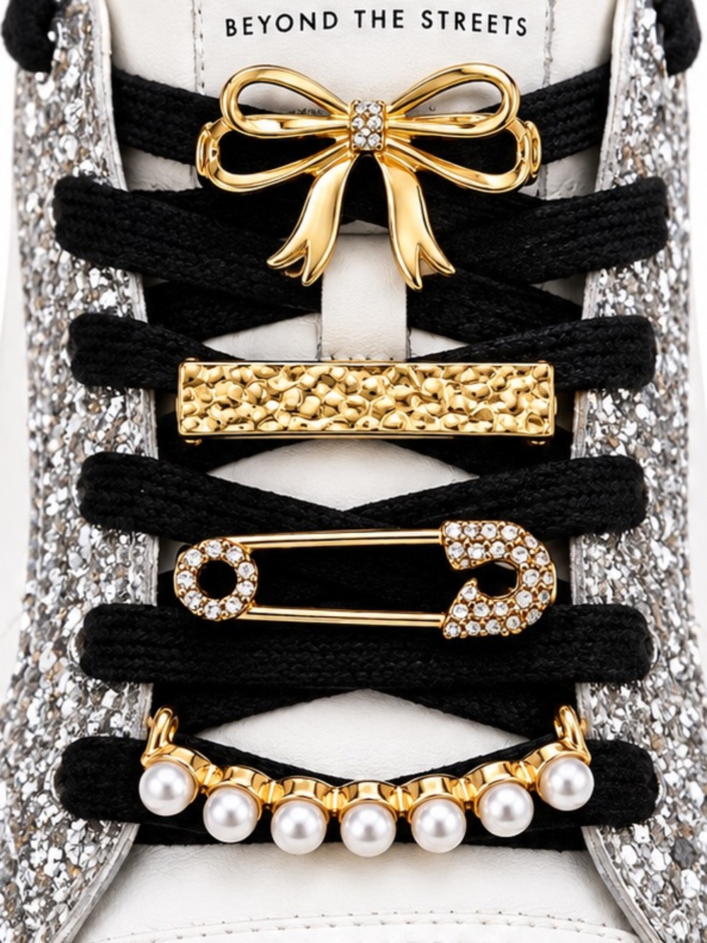 NEW - Be Charming 4PC Gold Shoe Charms Bow Safety Pin Pearls Rhinestones